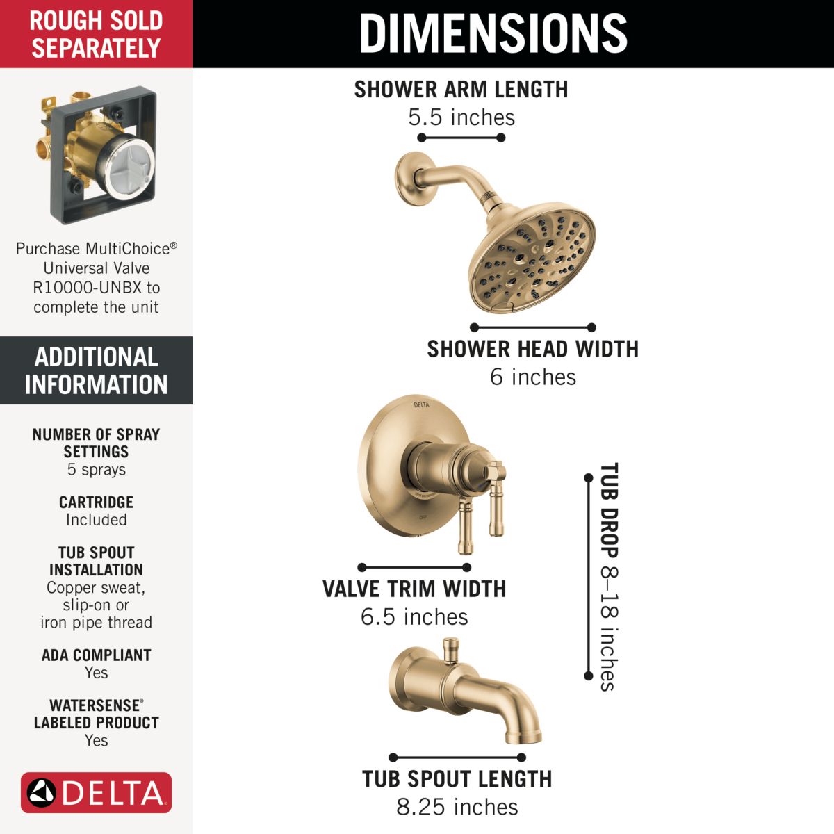 DELTA Broderick 17T Series Tub Shower Trim — Lumicoat® Champagne Bronze