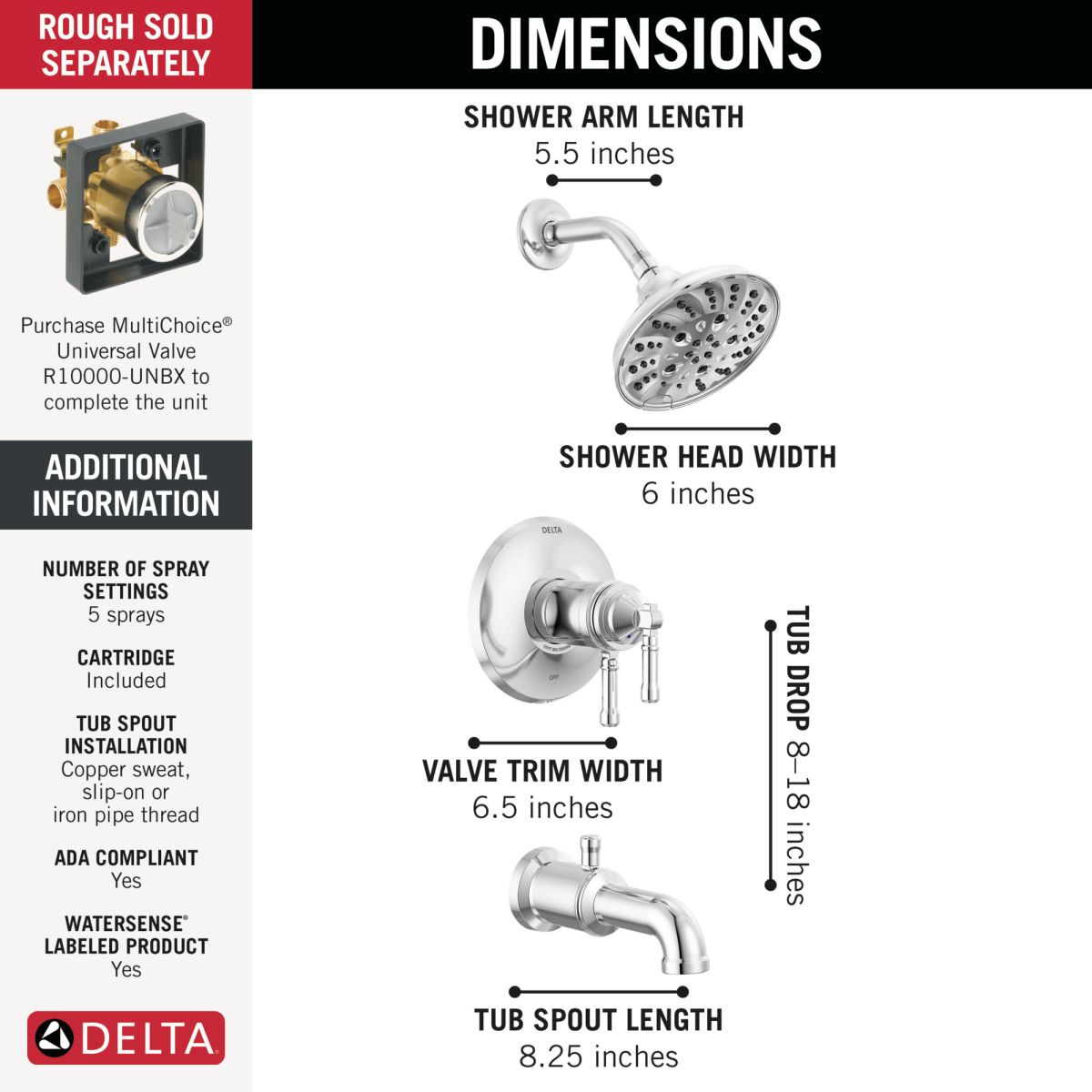 DELTA Broderick 17T Series Tub Shower Trim — Lumicoat® Chrome