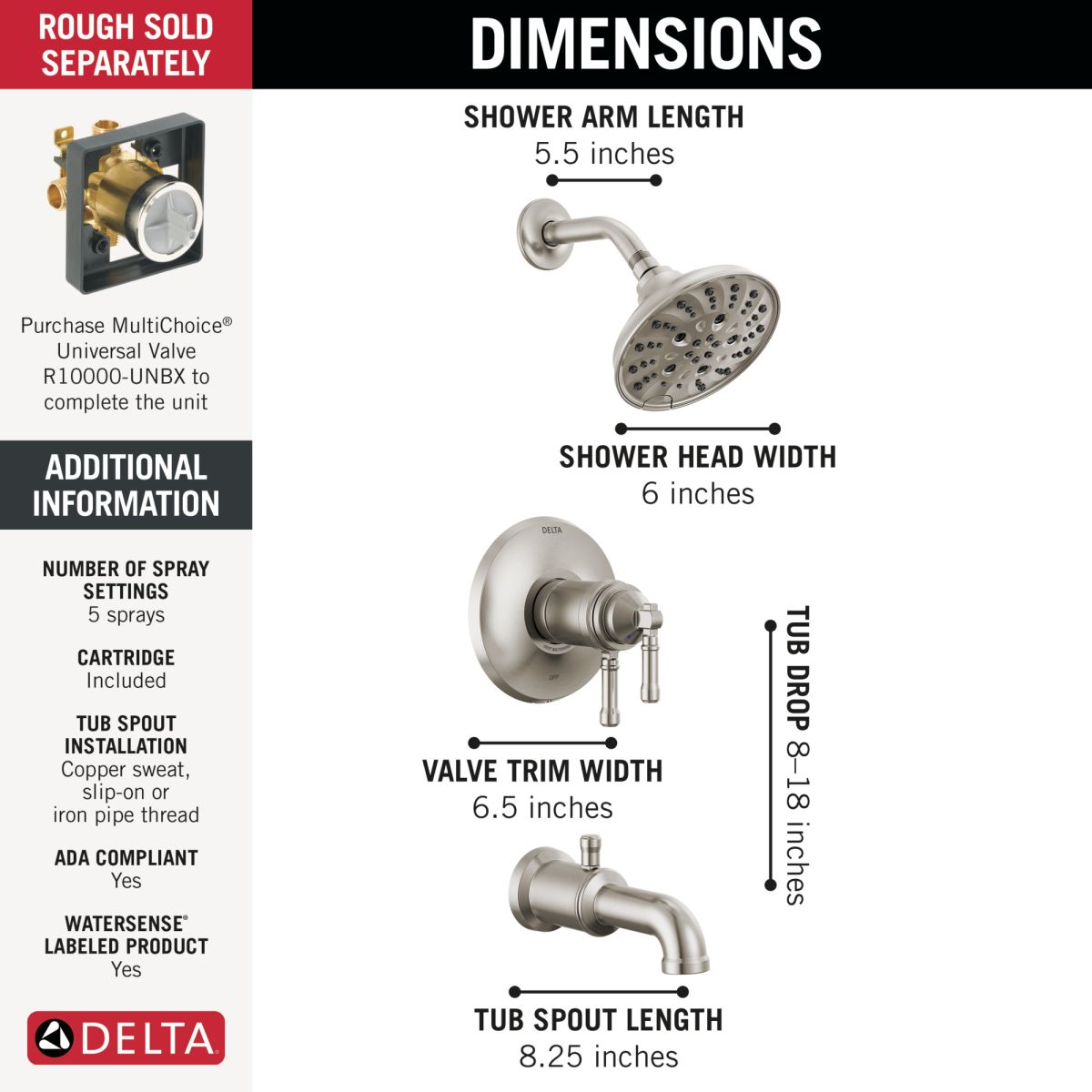 DELTA Broderick 17T Series Tub Shower Trim — Lumicoat® Stainless