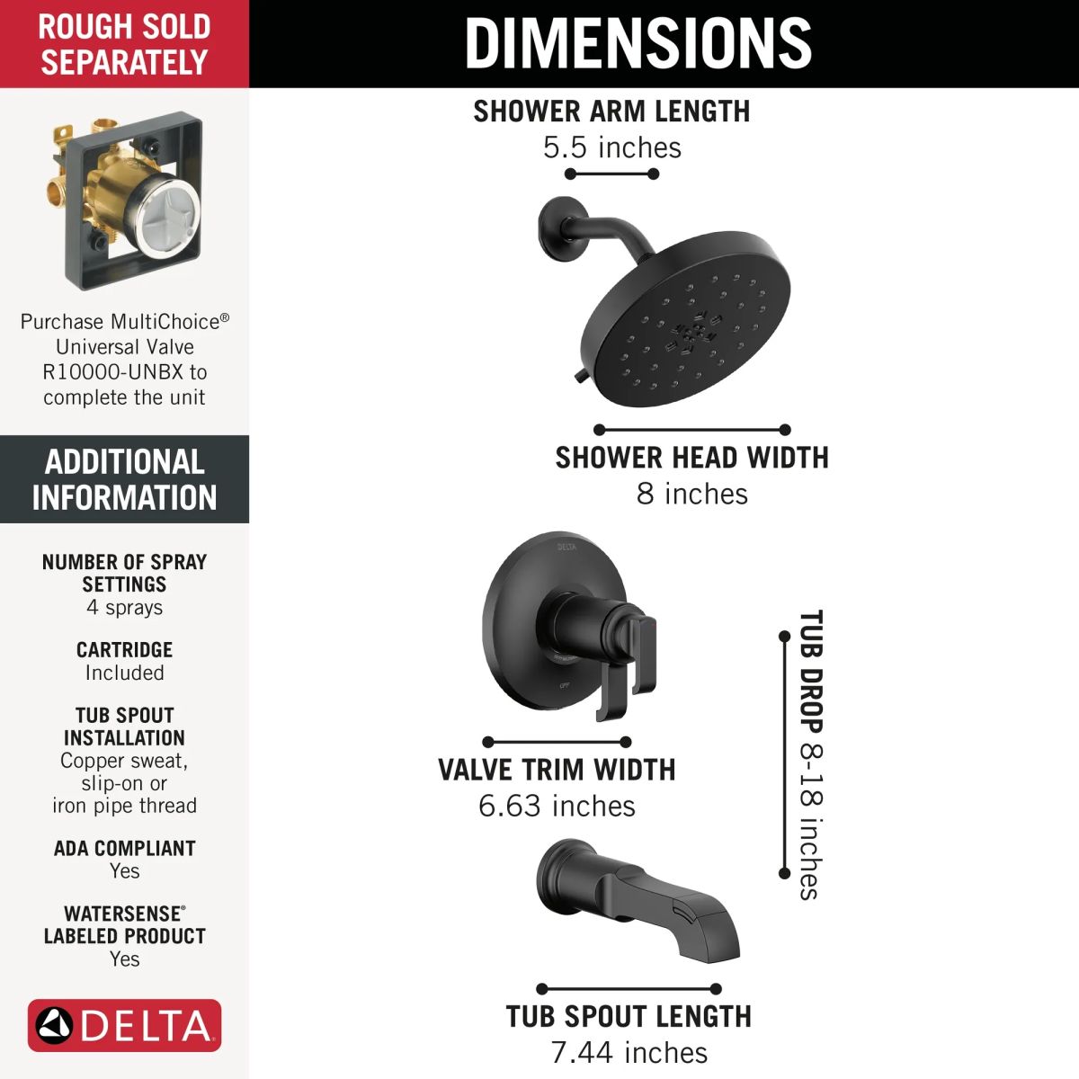 DELTA Tetra 17T Series Tub Shower Trim — Matte Black