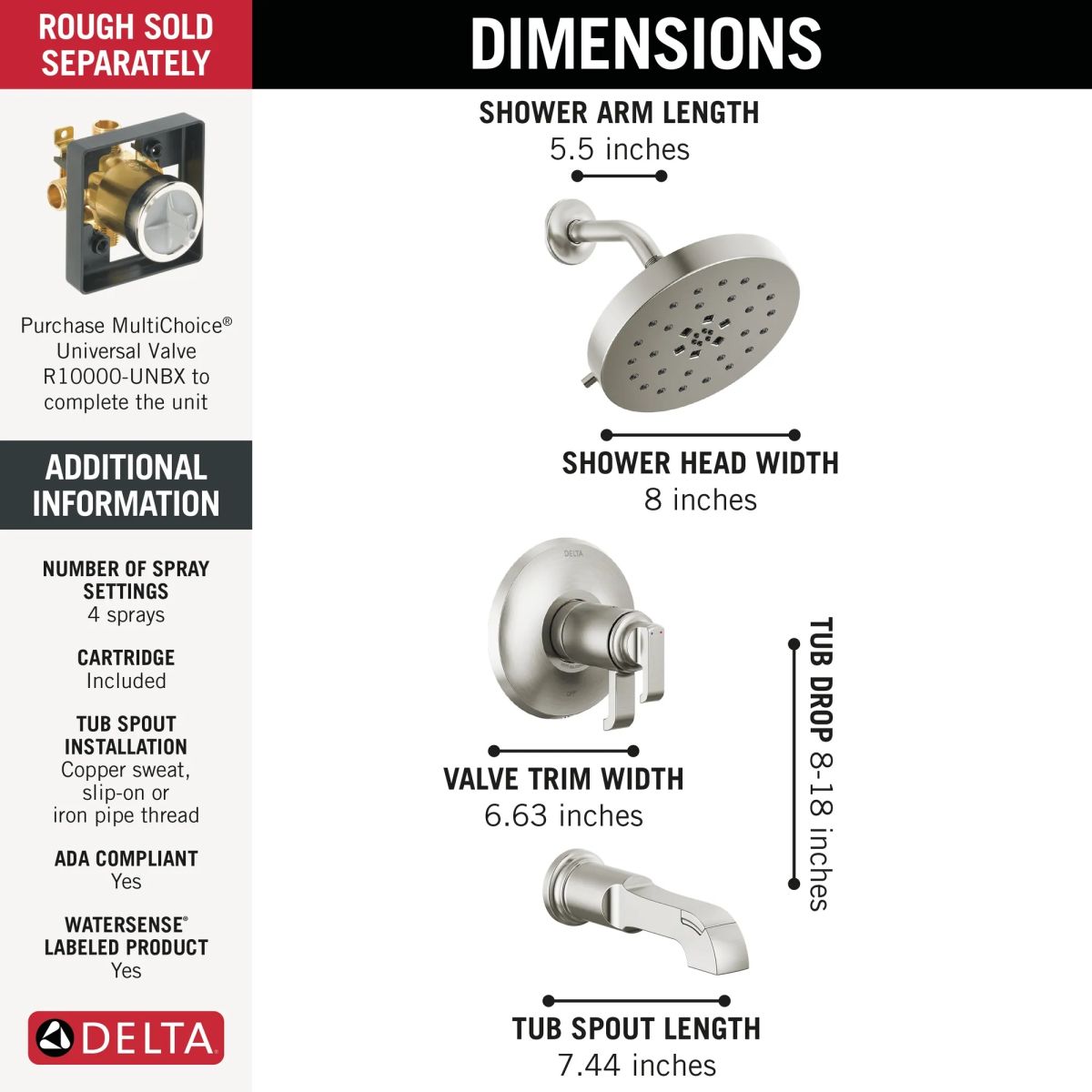 DELTA Tetra 17T Series Tub Shower Trim — Lumicoat® Stainless