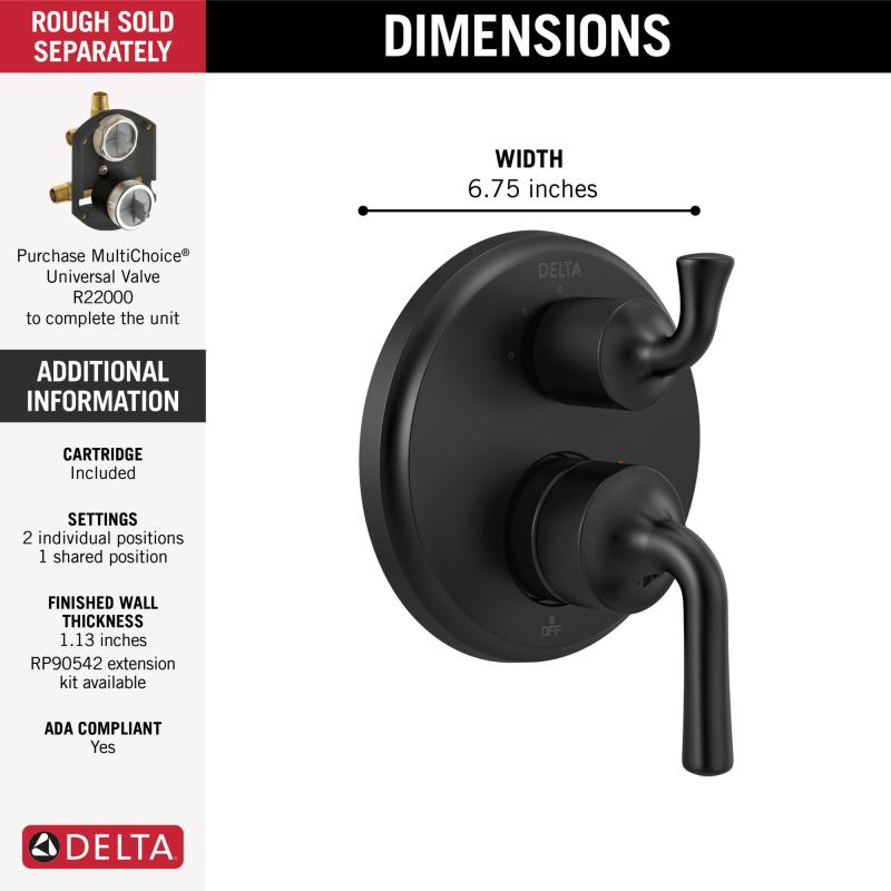 DELTA Kayra Two-Handle Monitor 14 Series Valve Trim with 3-Setting Integrated Diverter — Matte Black