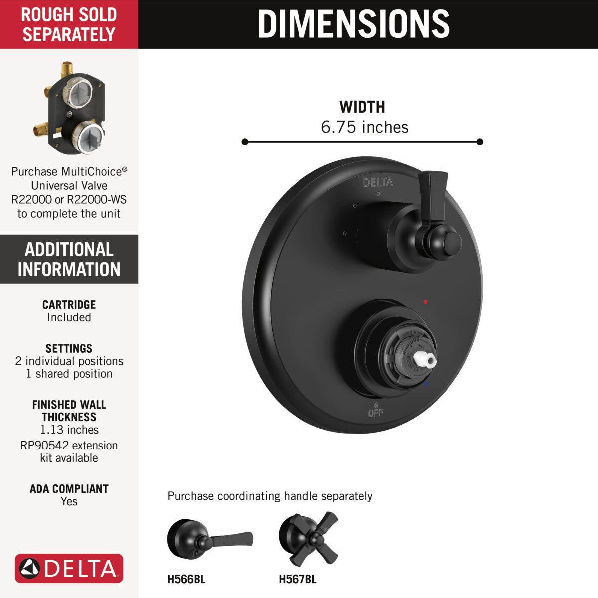 DELTA Dorval Traditional 2-Handle Monitor 14 Series Valve Trim with 3 Setting Diverter — Matte Black