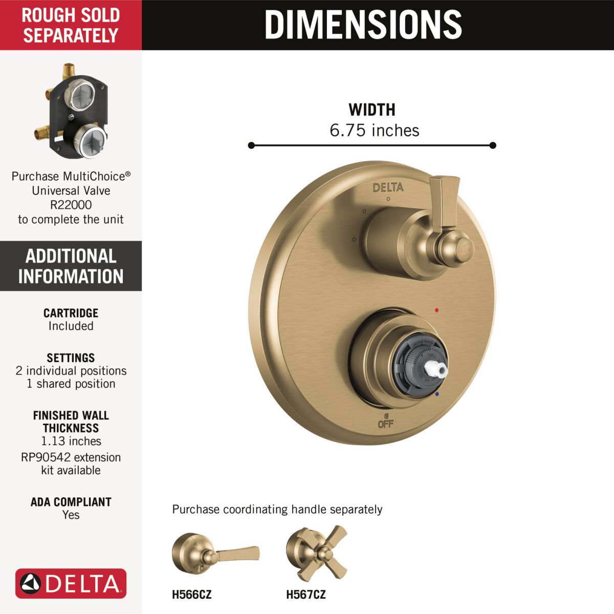 DELTA Dorval Traditional 2-Handle Monitor 14 Series Valve Trim with 3 Setting Diverter — Champagne Bronze