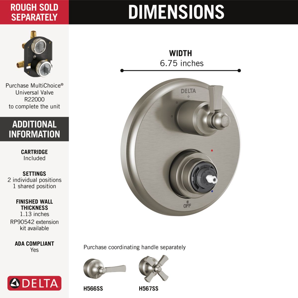 DELTA Dorval Traditional 2-Handle Monitor 14 Series Valve Trim with 3 Setting Diverter — Stainless