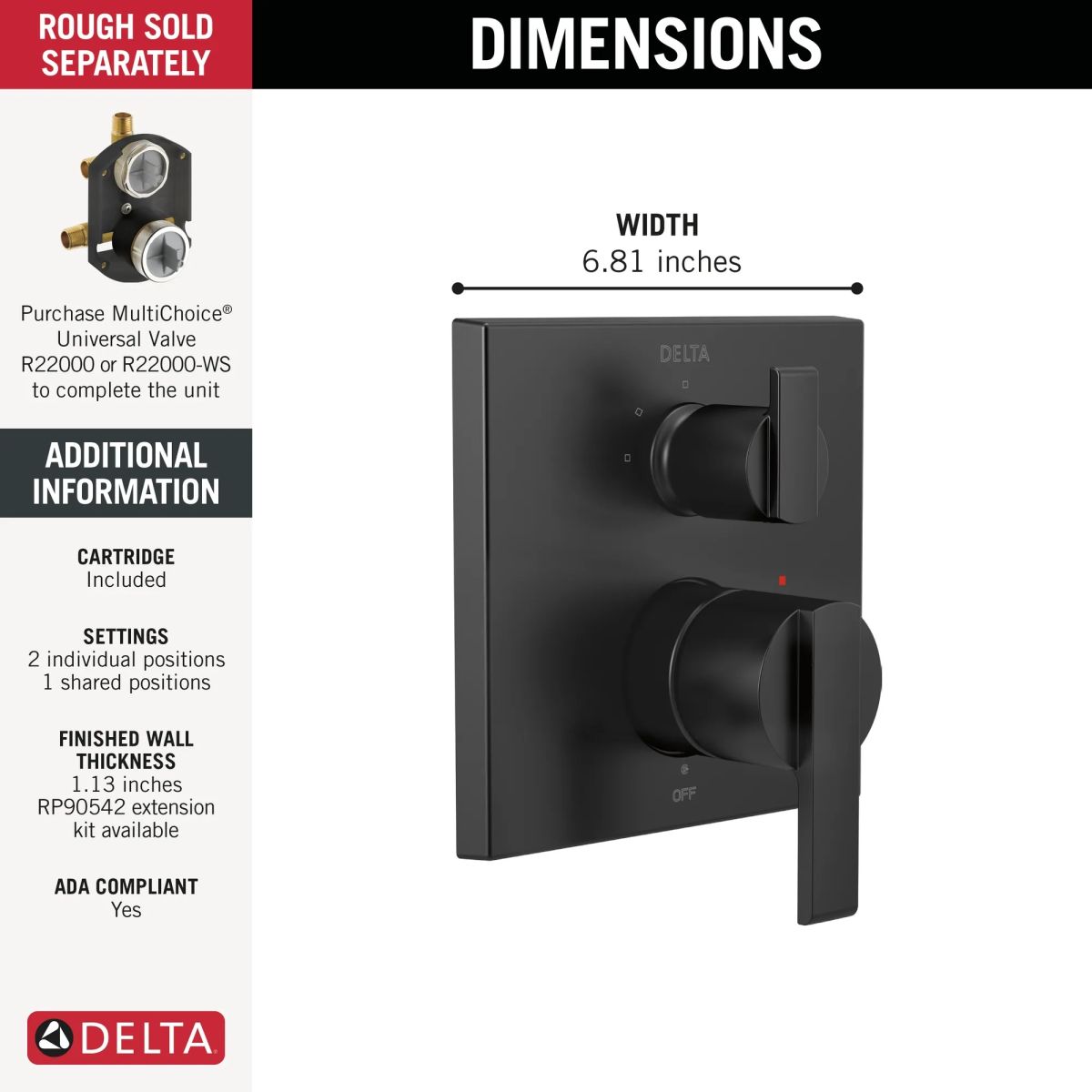 DELTA Ara Angular Modern Monitor 14 Series Valve Trim with 3-Setting Integrated Diverter — Matte Black