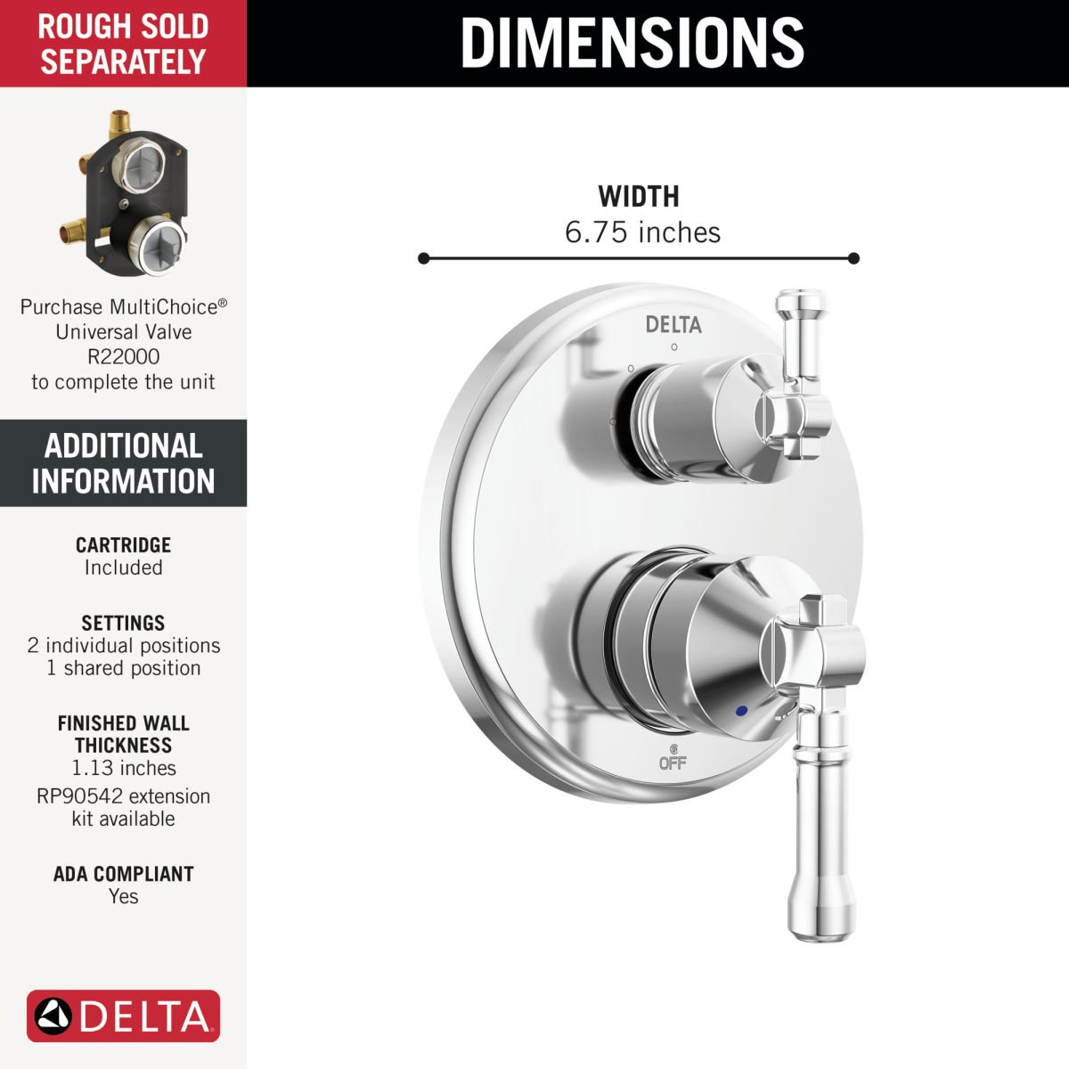 DELTA Broderick 14 Series Integrated Diverter Trim 3-Setting — Lumicoat® Chrome