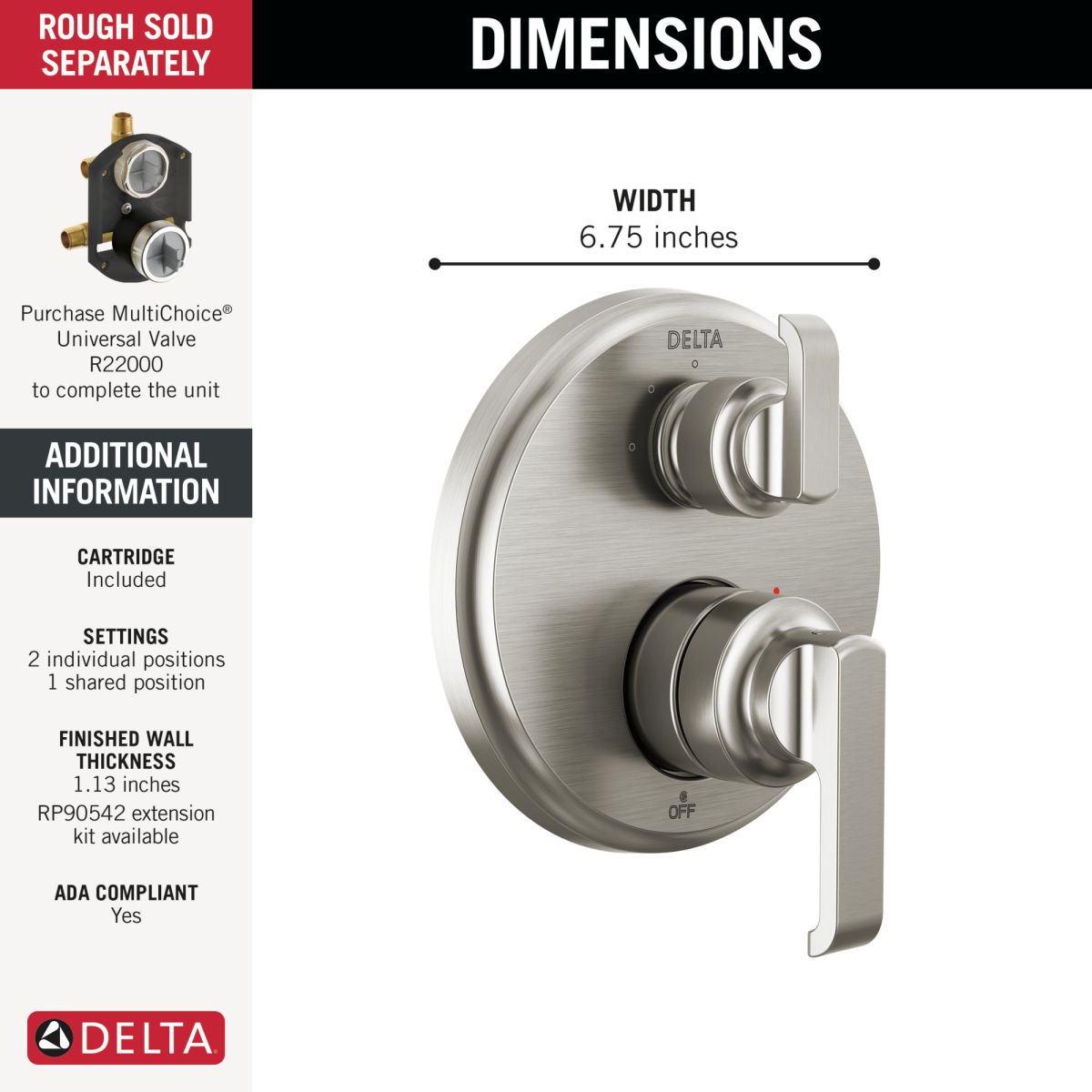 DELTA Tetra 14 Series Integrated Diverter Trim with 3-Setting — Lumicoat® Stainless