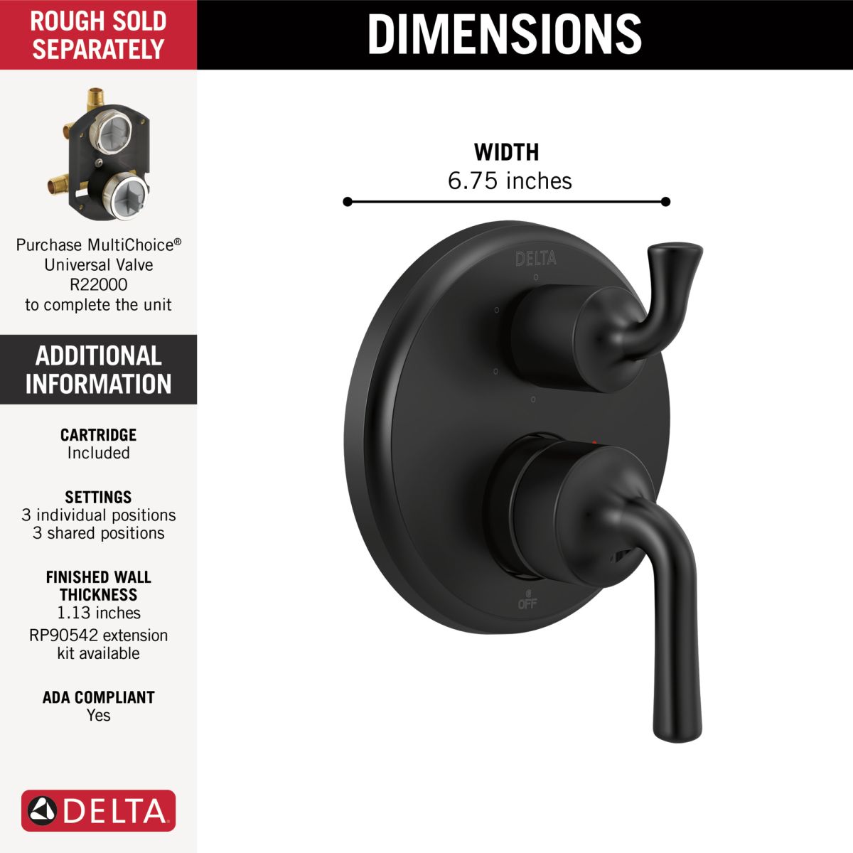 DELTA Kayra Two-Handle Monitor 14 Series Valve Trim with 6-Setting Integrated Diverter — Matte Black