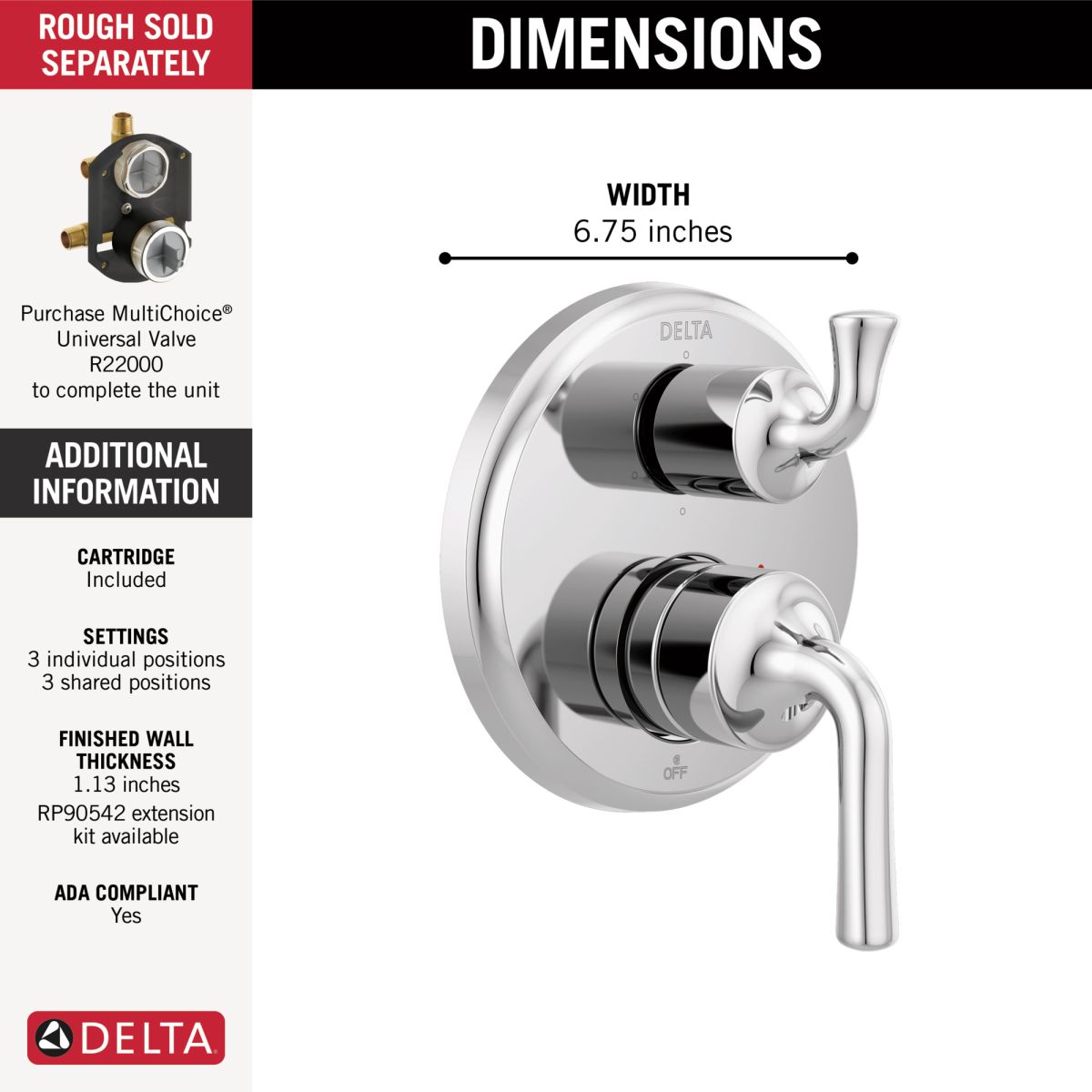 DELTA Kayra Two-Handle Monitor 14 Series Valve Trim with 6-Setting Integrated Diverter — Chrome