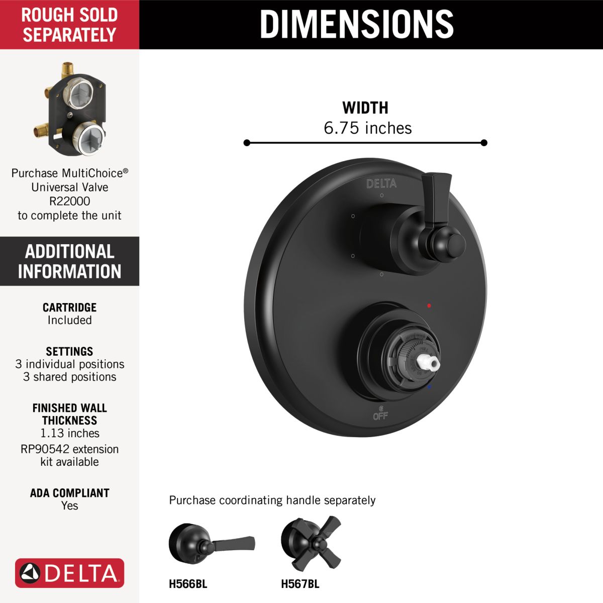 DELTA Dorval Traditional 2-Handle Monitor 14 Series Valve Trim with 6 Setting Diverter — Matte Black