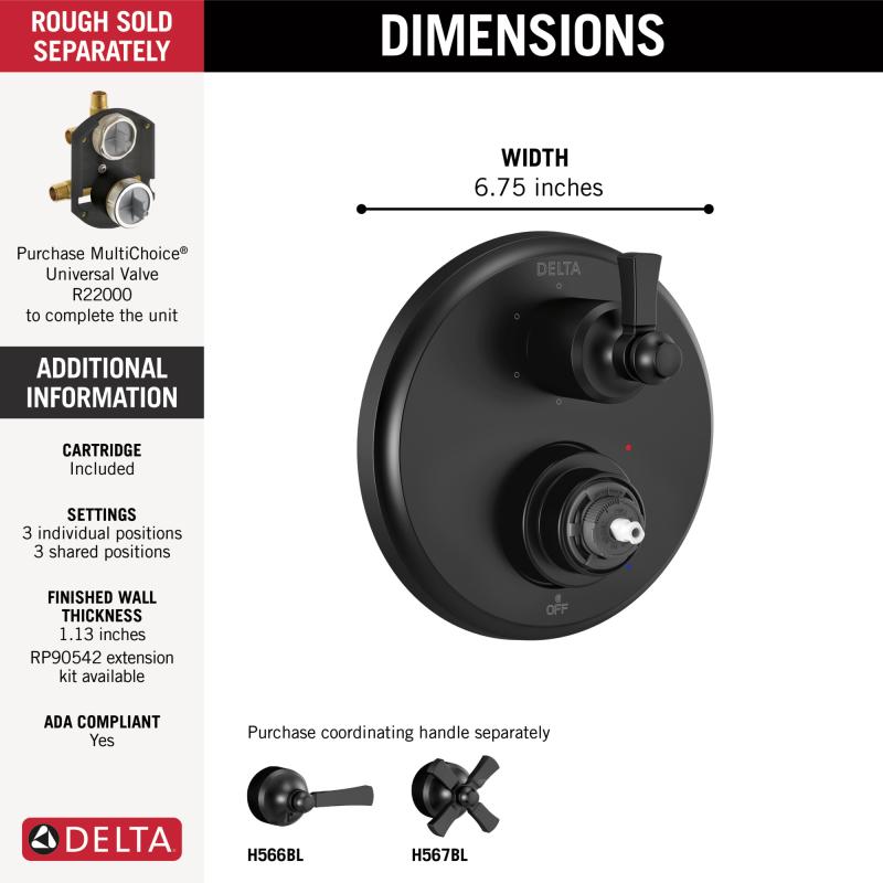 DELTA Dorval Traditional 2-Handle Monitor 14 Series Valve Trim with 6 Setting Diverter — Matte Black