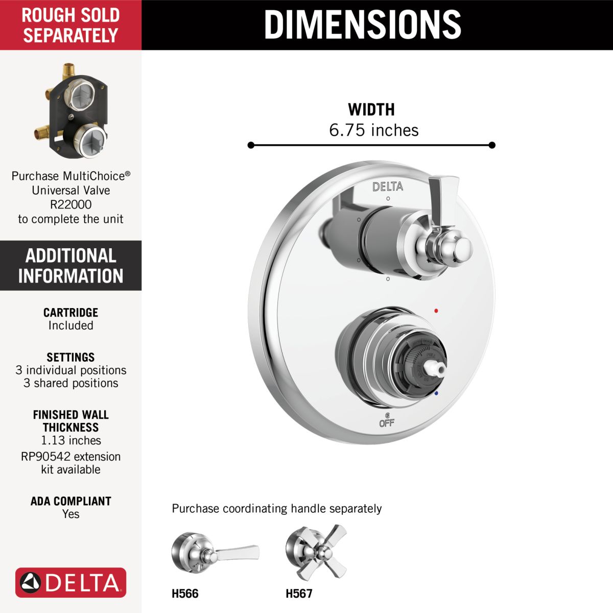 DELTA Dorval Traditional 2-Handle Monitor 14 Series Valve Trim with 6 Setting Diverter — Chrome