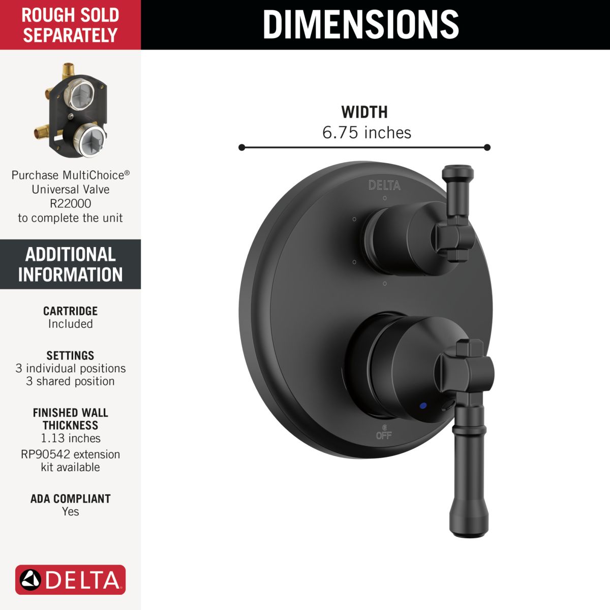 DELTA Broderick 14 Series Integrated Diverter Trim 6-Setting — Matte Black
