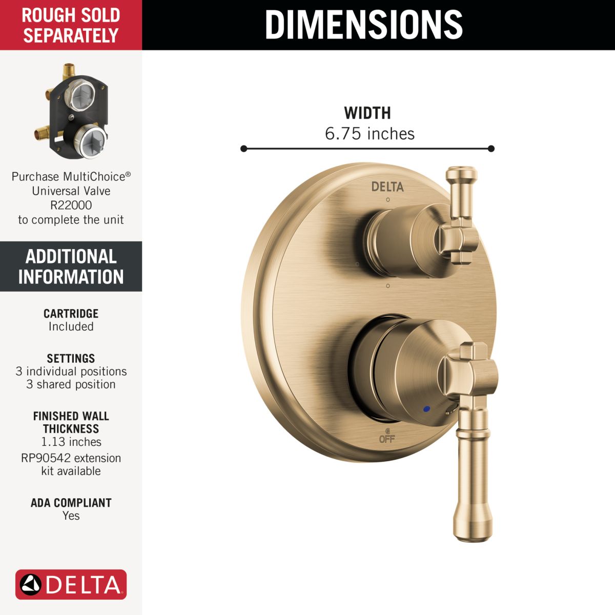 DELTA Broderick 14 Series Integrated Diverter Trim 6-Setting — Lumicoat® Champagne Bronze