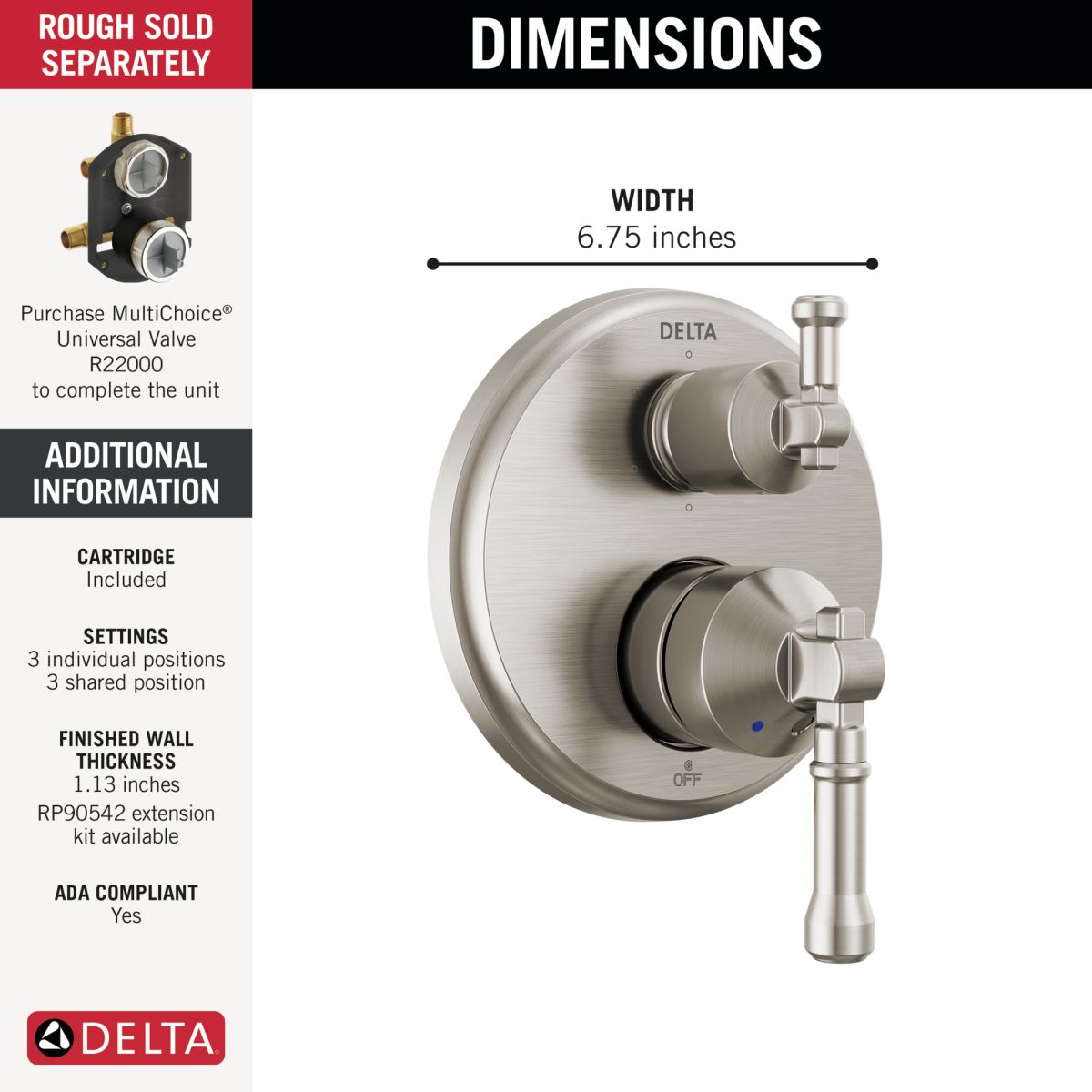 DELTA Broderick 14 Series Integrated Diverter Trim 6-Setting — Lumicoat® Stainless