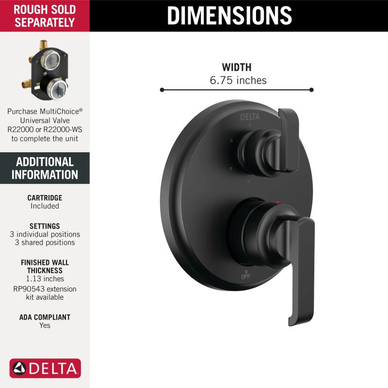 DELTA Tetra 14 Series Integrated Diverter Trim with 6-Setting — Matte Black