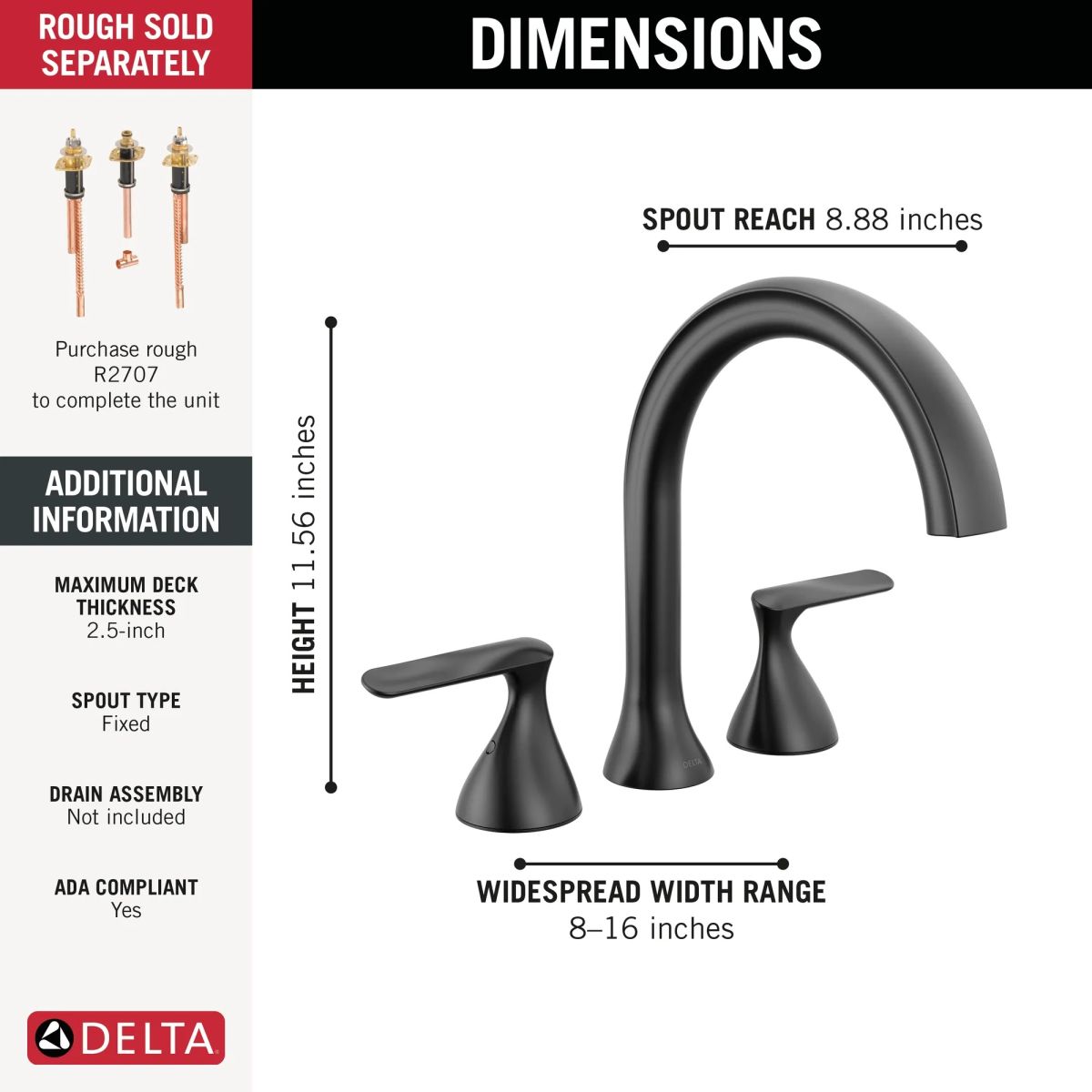 DELTA Bonacci Three Hole Roman Tub Trim — Matte Black