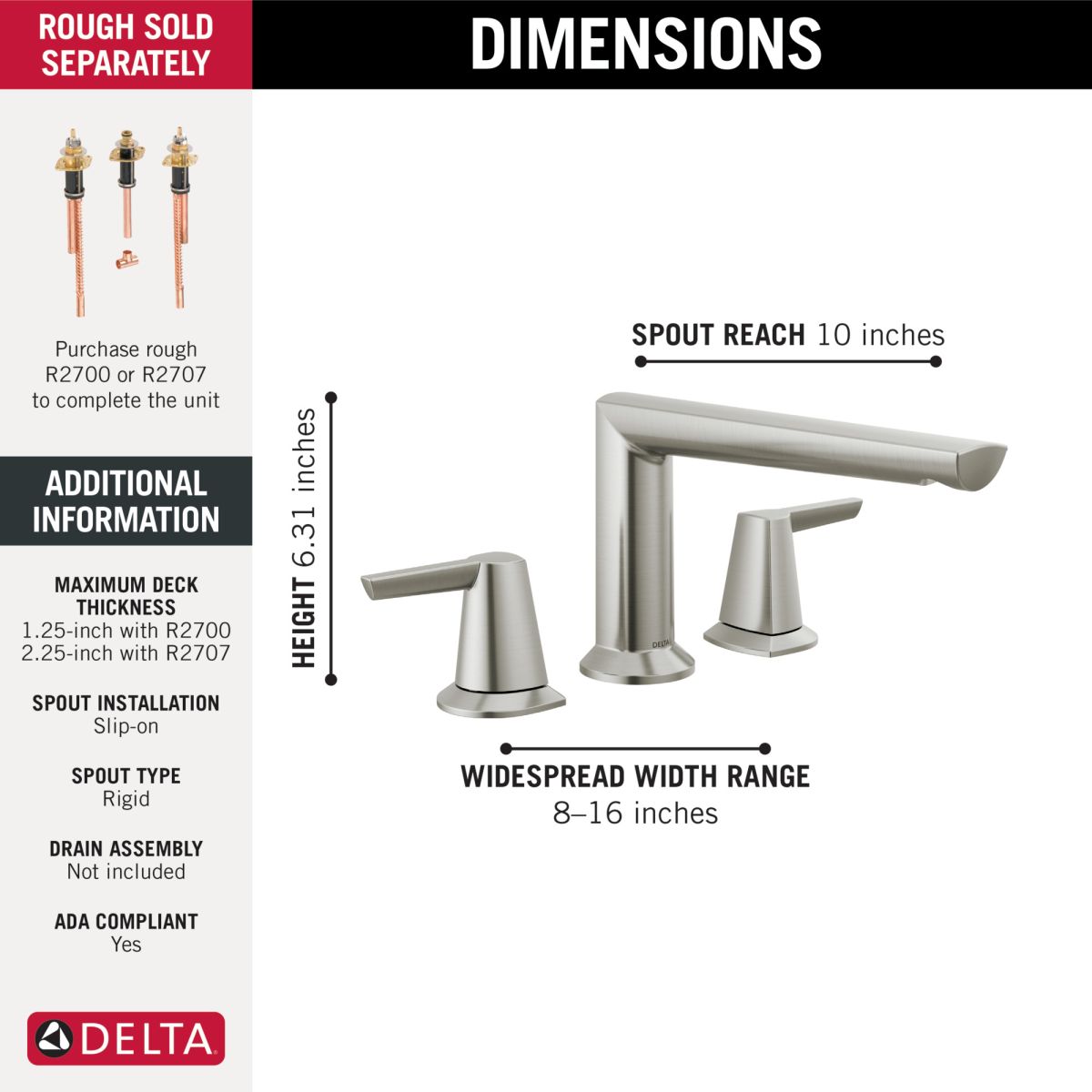 DELTA Galeon 3-Hole Roman Tub Trim — Lumicoat® Stainless