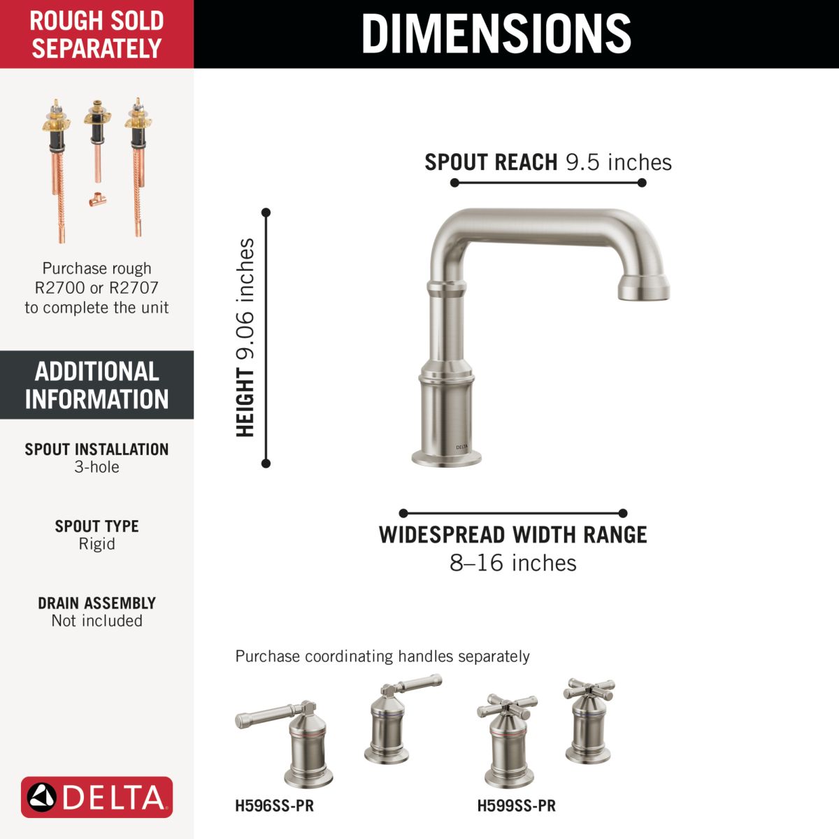 DELTA Broderick Roman Tub Trim - Less Handles — Lumicoat® Stainless