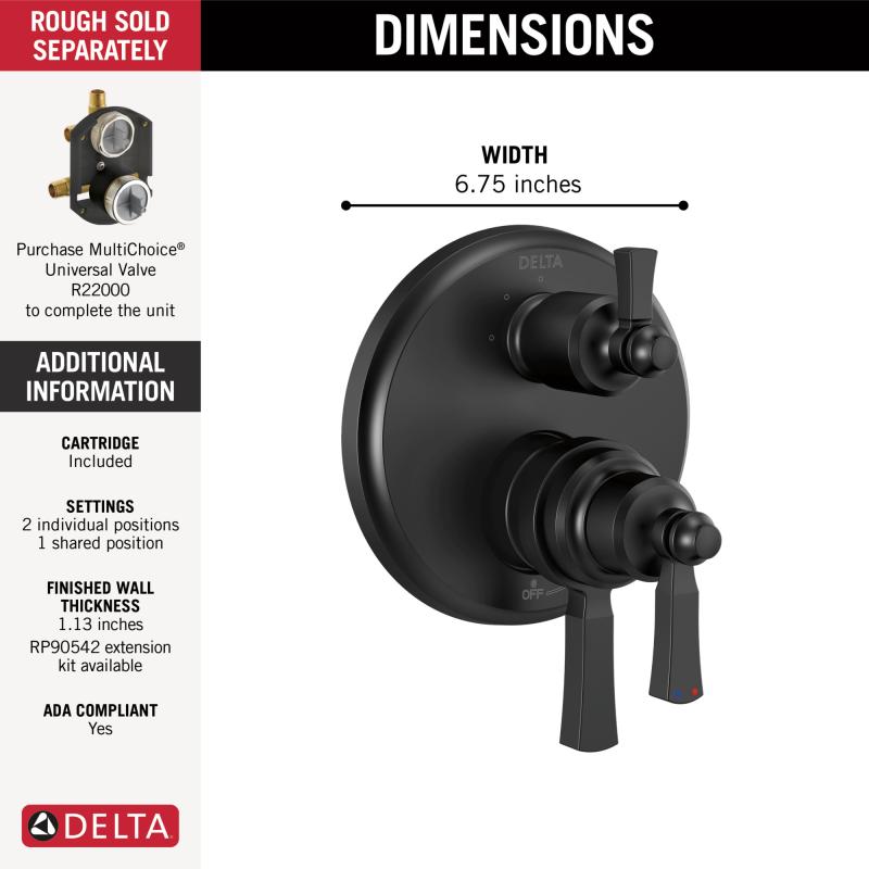 DELTA Dorval Traditional 2-Handle Monitor 17 Series Valve Trim with 3 Setting Diverter — Matte Black