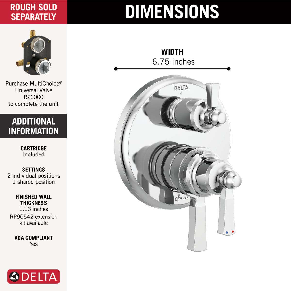 DELTA Dorval Traditional 2-Handle Monitor 17 Series Valve Trim with 3 Setting Diverter — Chrome