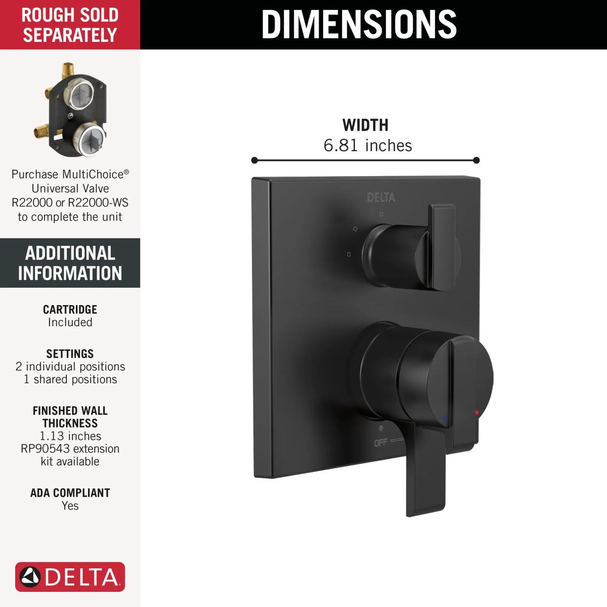 DELTA Ara Angular Modern Monitor 17 Series Valve Trim with 3-Setting Integrated Diverter — Matte Black