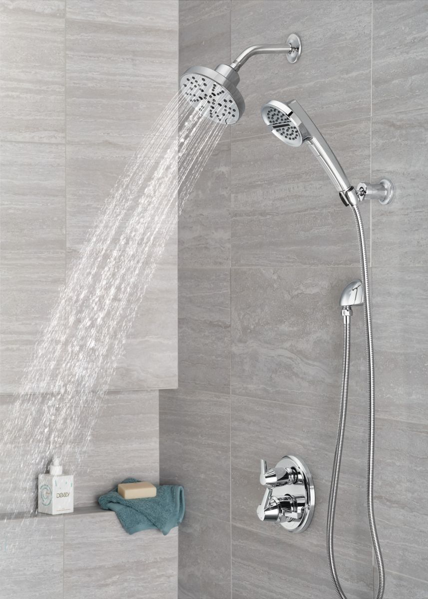 DELTA Universal Showering Components H2OKINETIC 5-Setting Contemporary Raincan Shower Head — Lumicoat® Chrome