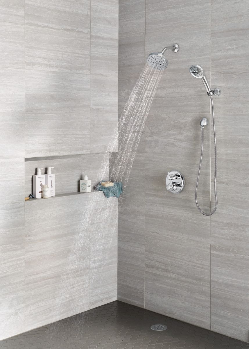 DELTA Universal Showering Components H2OKINETIC 5-Setting Contemporary Raincan Shower Head — Lumicoat® Chrome