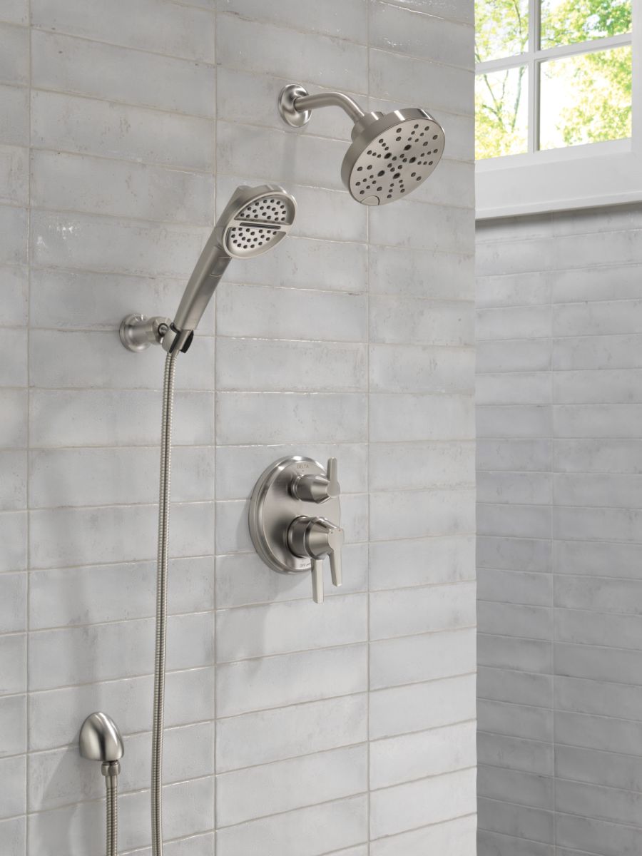 DELTA Universal Showering Components H2OKINETIC 5-Setting Contemporary Raincan Shower Head — Lumicoat® Stainless