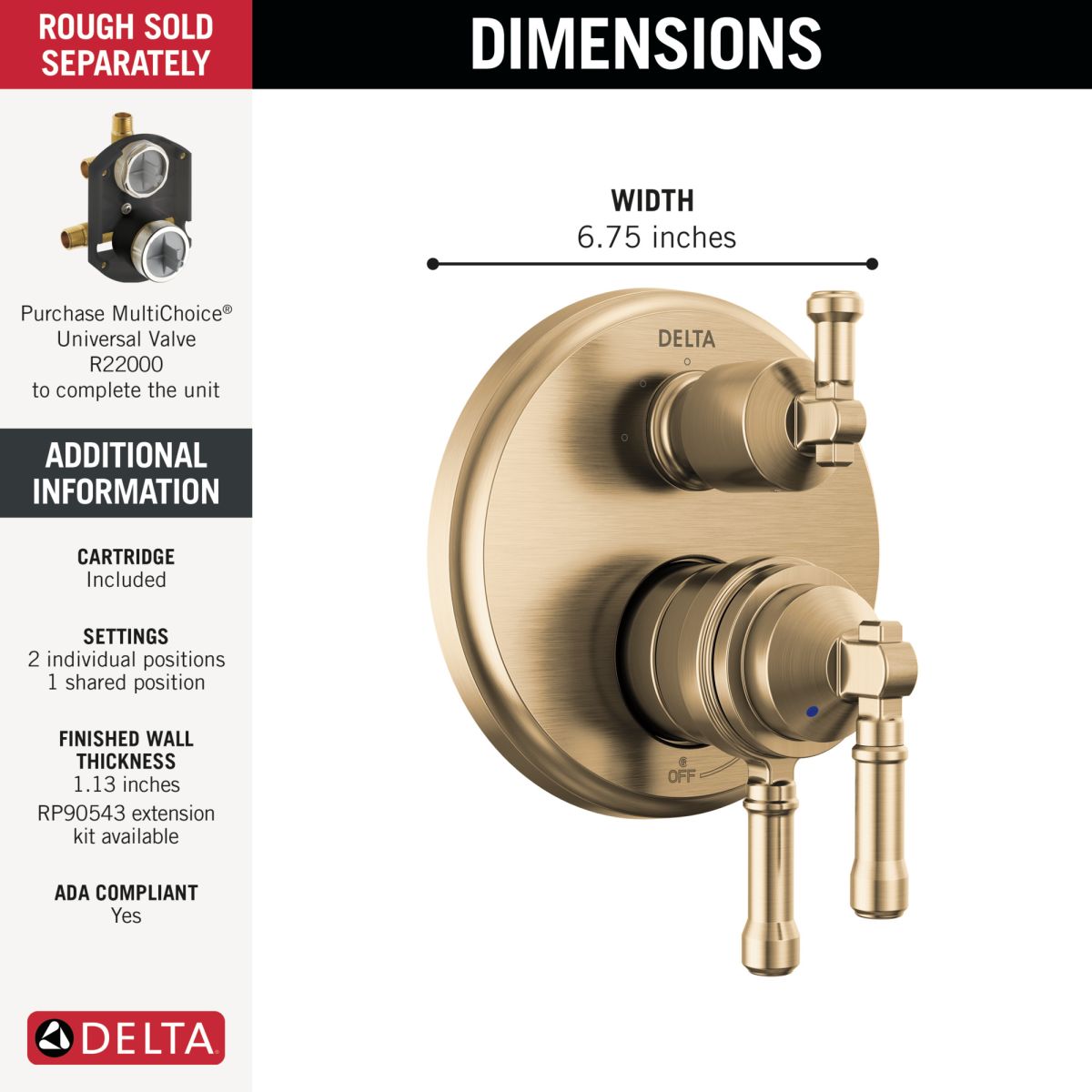 DELTA Broderick 17 Series Integrated Diverter Trim 3-Setting — Lumicoat® Champagne Bronze