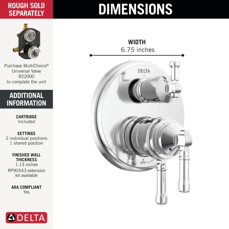 DELTA Broderick 17 Series Integrated Diverter Trim 3-Setting — Lumicoat® Chrome