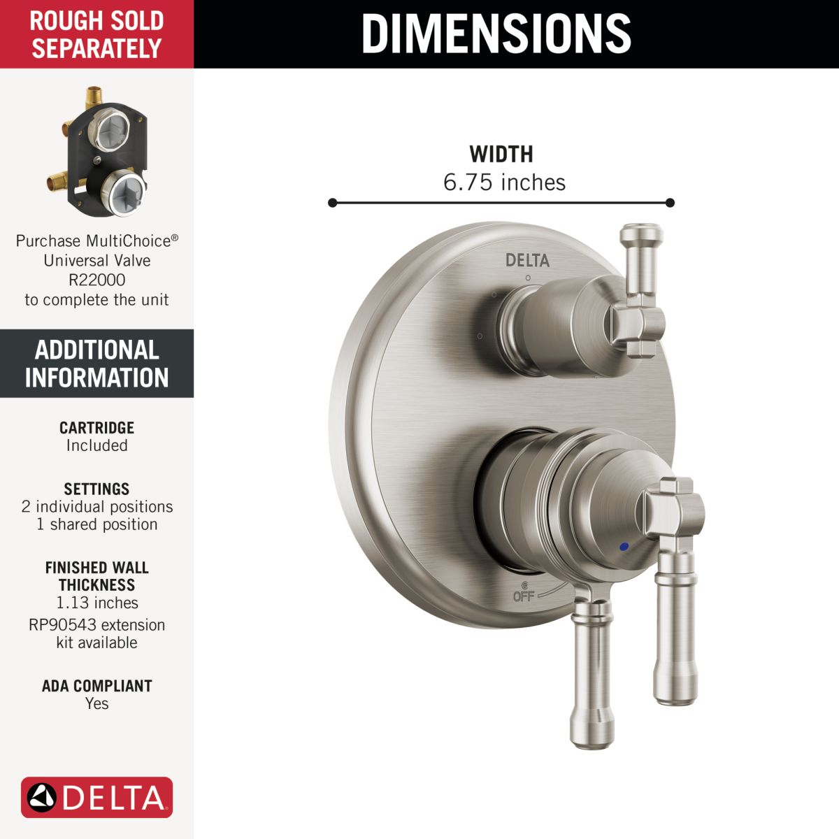 DELTA Broderick 17 Series Integrated Diverter Trim 3-Setting — Lumicoat® Stainless