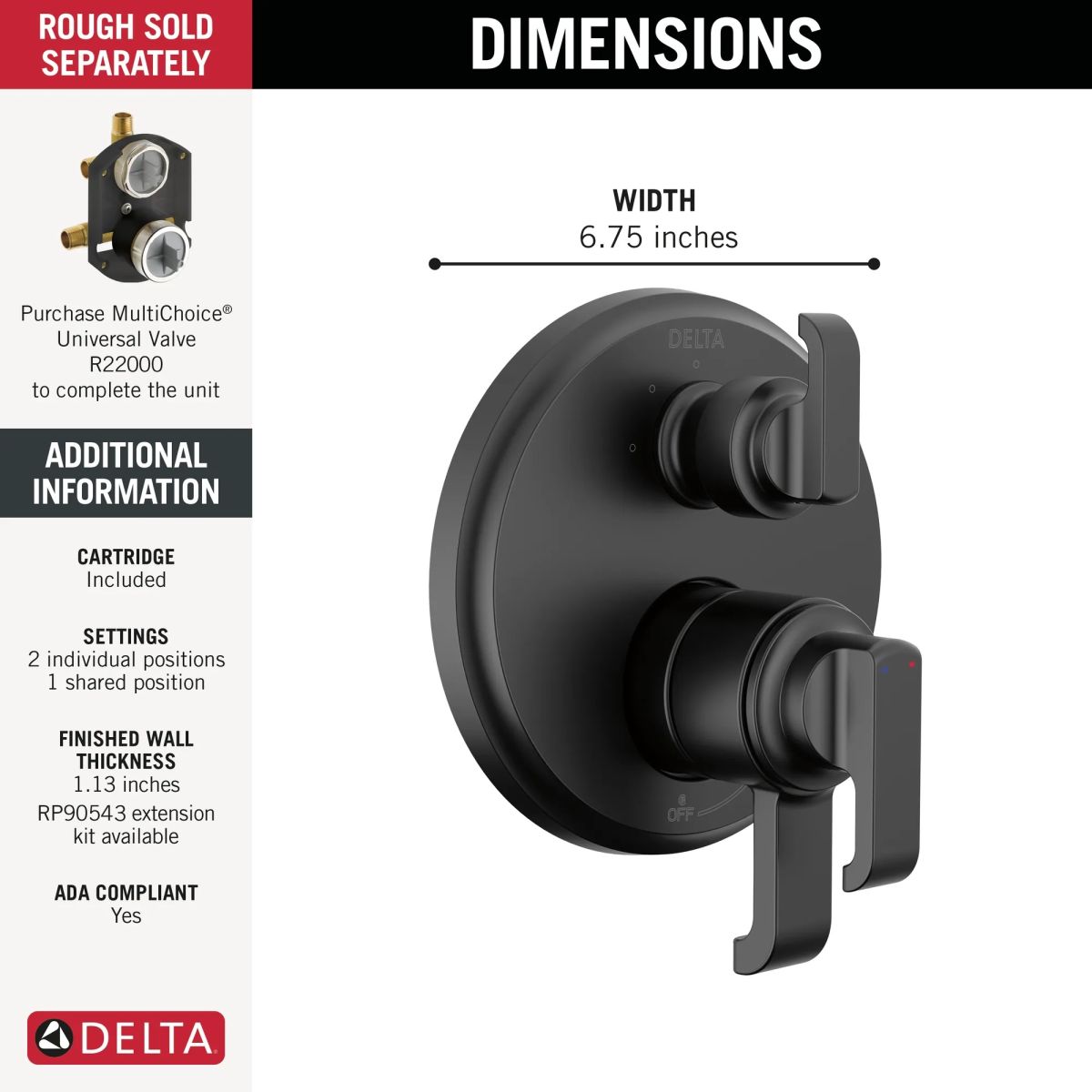 DELTA Tetra 17 Series Integrated Diverter Trim with 3-Setting — Matte Black