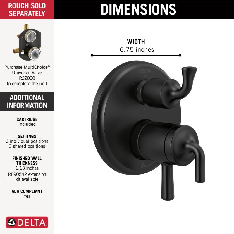 DELTA Kayra 2-Handle Monitor 17 Series Valve Trim with 3- or 6- Setting Diverter — Matte Black