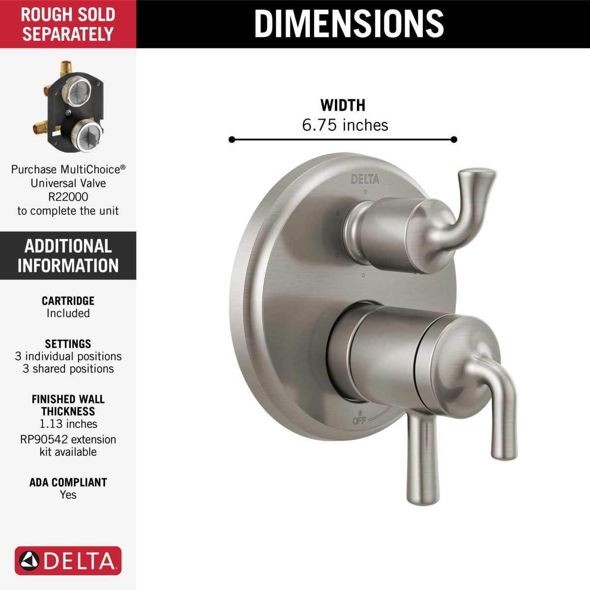 DELTA Kayra 2-Handle Monitor 17 Series Valve Trim with 3- or 6- Setting Diverter — Stainless