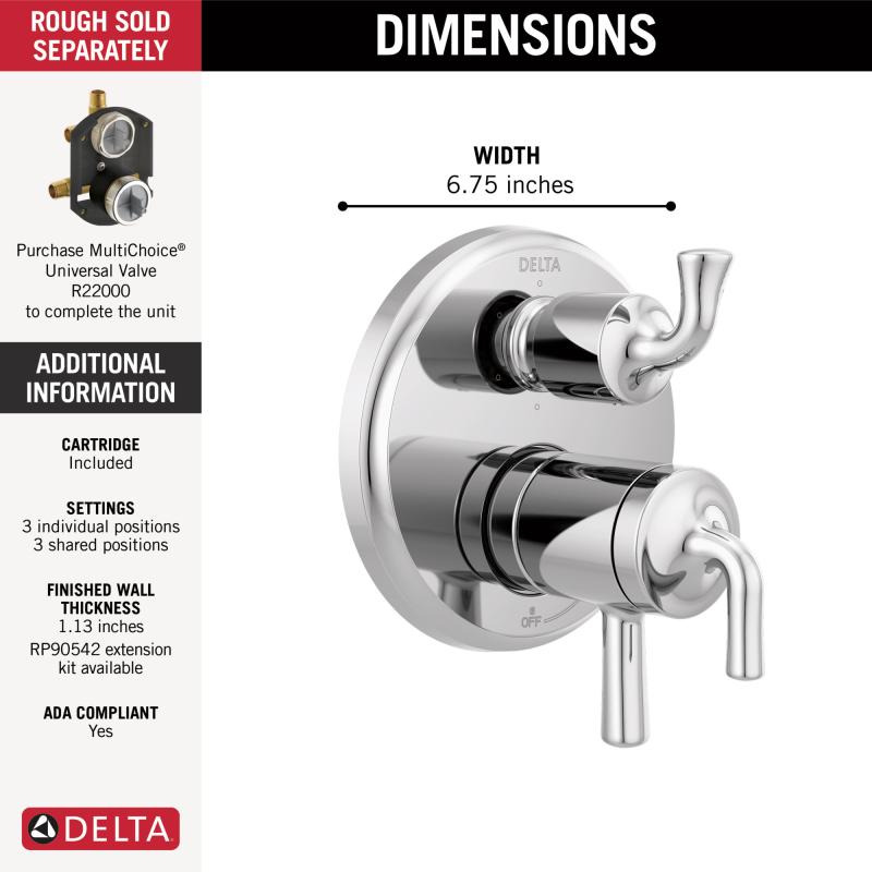 DELTA Kayra 2-Handle Monitor 17 Series Valve Trim with 3- or 6- Setting Diverter — Chrome
