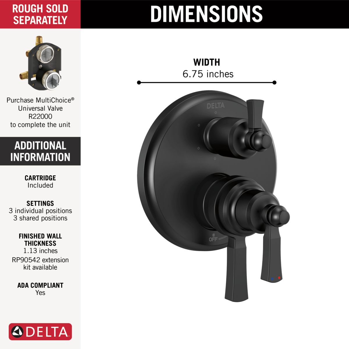 DELTA Dorval Traditional 2-Handle Monitor 17 Series Valve Trim with 6 Setting Diverter — Matte Black