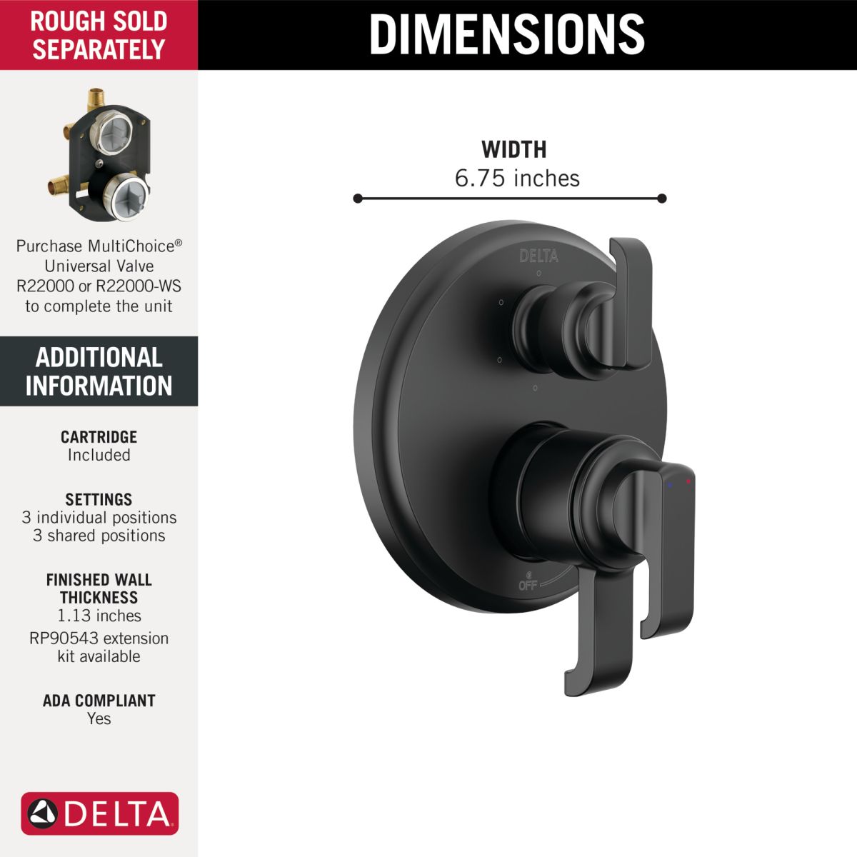 DELTA Tetra 17 Series Integrated Diverter Trim with 6-Setting — Matte Black