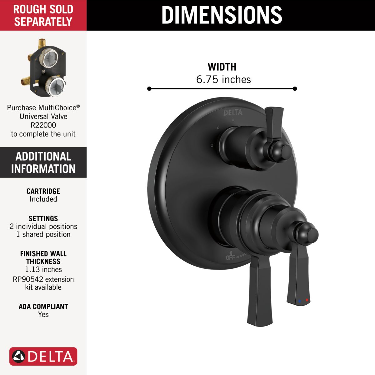 DELTA Dorval Traditional 2-Handle Monitor 17T Series Valve Trim with 3 Setting Diverter — Matte Black
