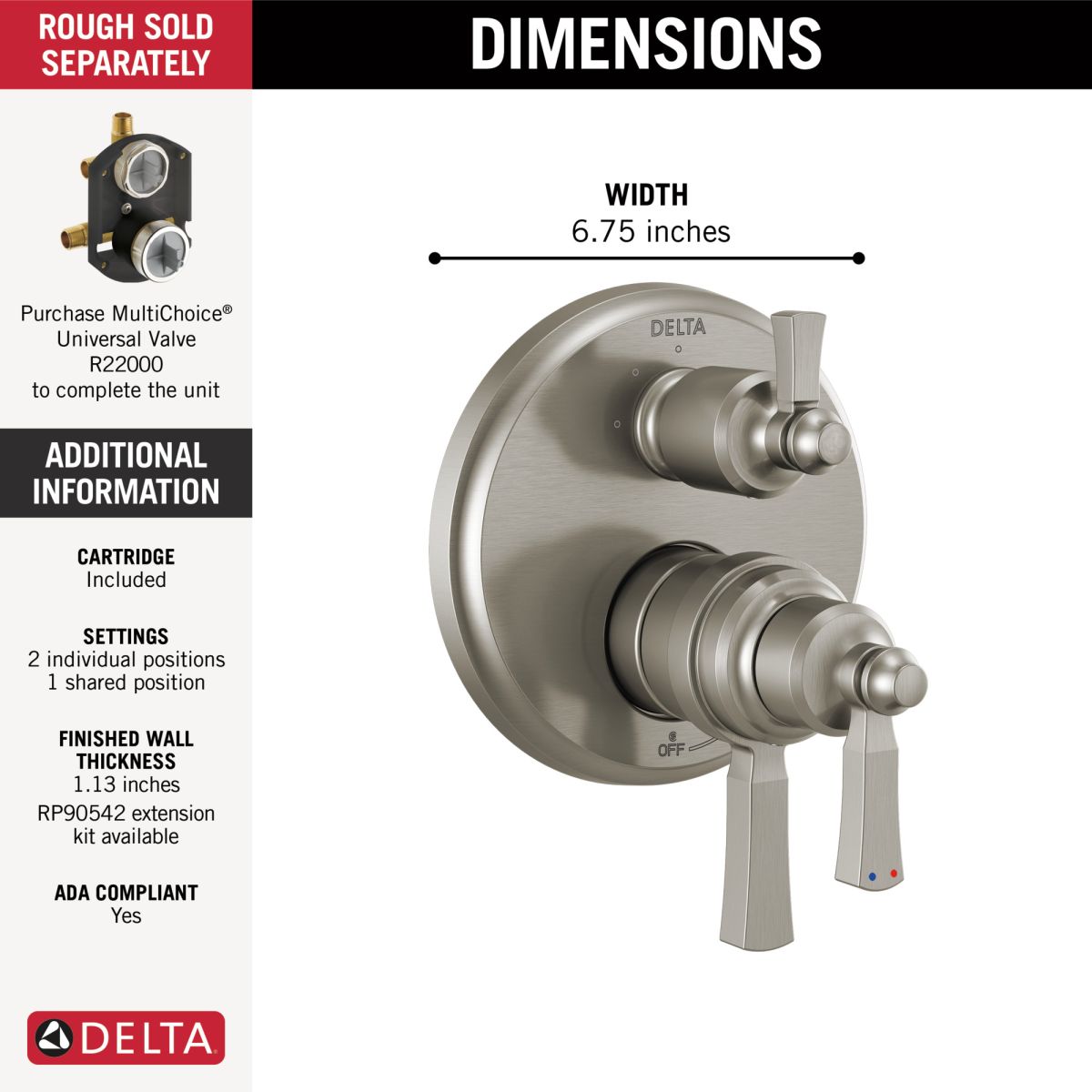 DELTA Dorval Traditional 2-Handle Monitor 17T Series Valve Trim with 3 Setting Diverter — Stainless