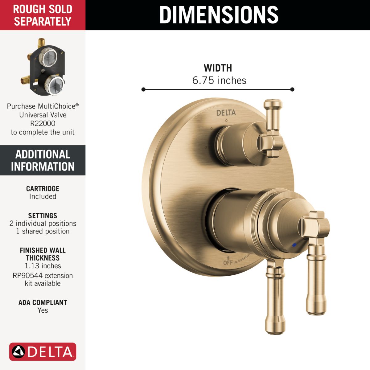 DELTA Broderick 17T Series Integrated Diverter Trim 3-Setting — Lumicoat® Champagne Bronze
