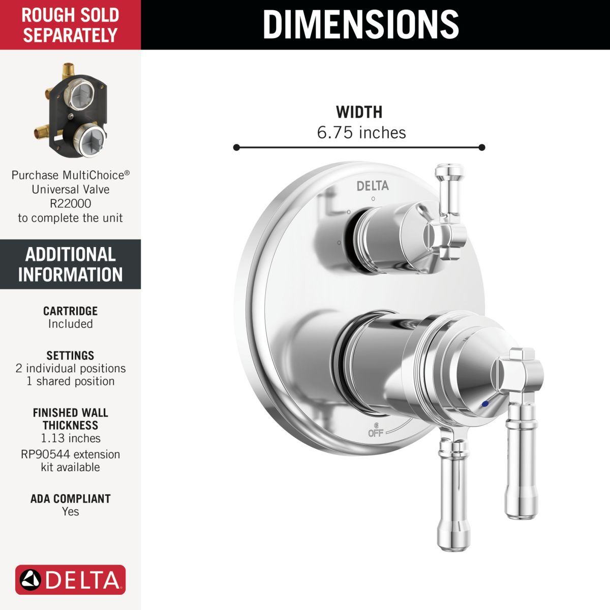 DELTA Broderick 17T Series Integrated Diverter Trim 3-Setting — Lumicoat® Chrome