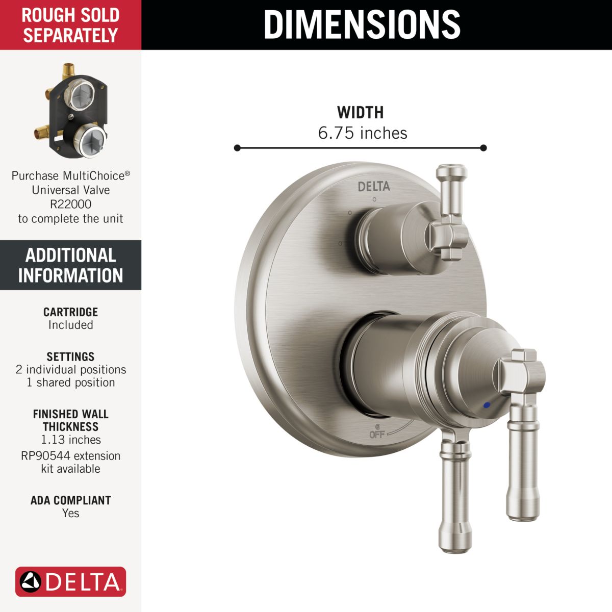 DELTA Broderick 17T Series Integrated Diverter Trim 3-Setting — Lumicoat® Stainless