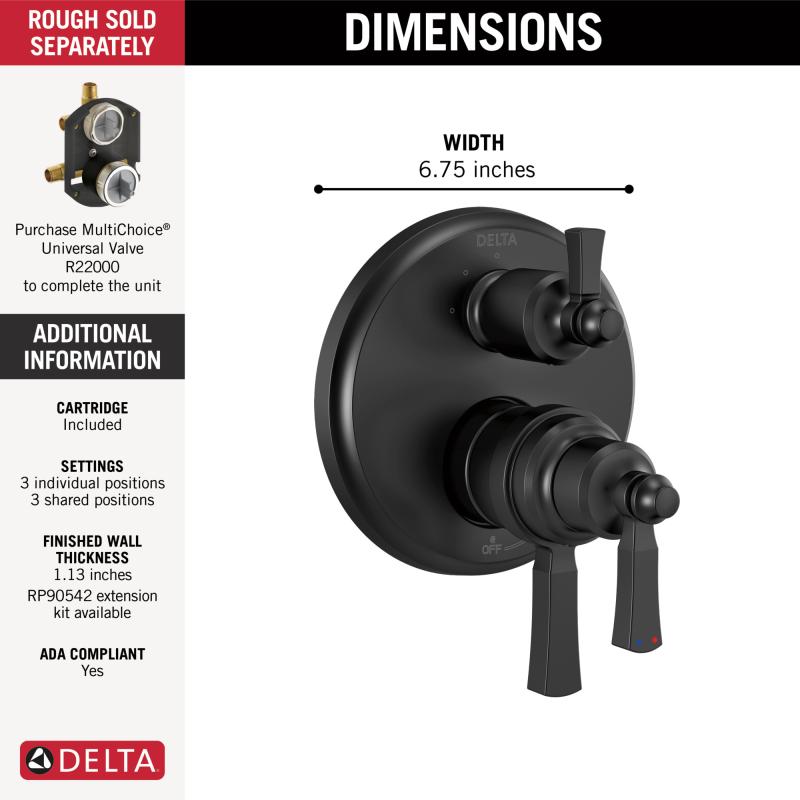 DELTA Dorval Traditional 2-Handle Monitor 17T Series Valve Trim with 6 Setting Diverter — Matte Black