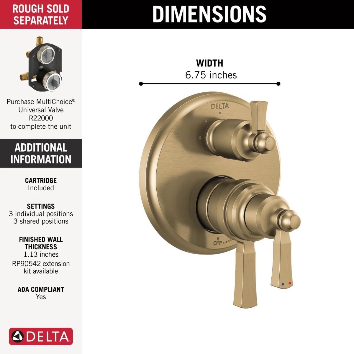DELTA Dorval Traditional 2-Handle Monitor 17T Series Valve Trim with 6 Setting Diverter — Champagne Bronze