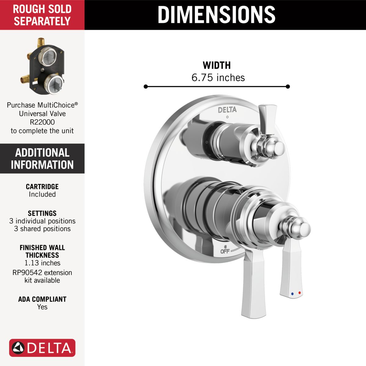 DELTA Dorval Traditional 2-Handle Monitor 17T Series Valve Trim with 6 Setting Diverter — Chrome