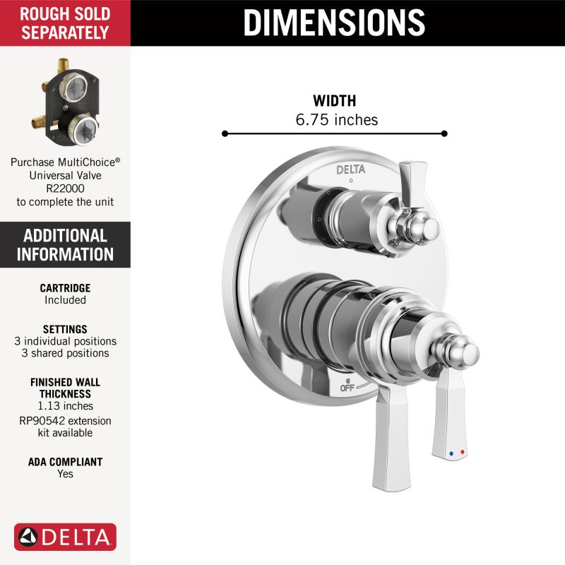 DELTA Dorval Traditional 2-Handle Monitor 17T Series Valve Trim with 6 Setting Diverter — Chrome