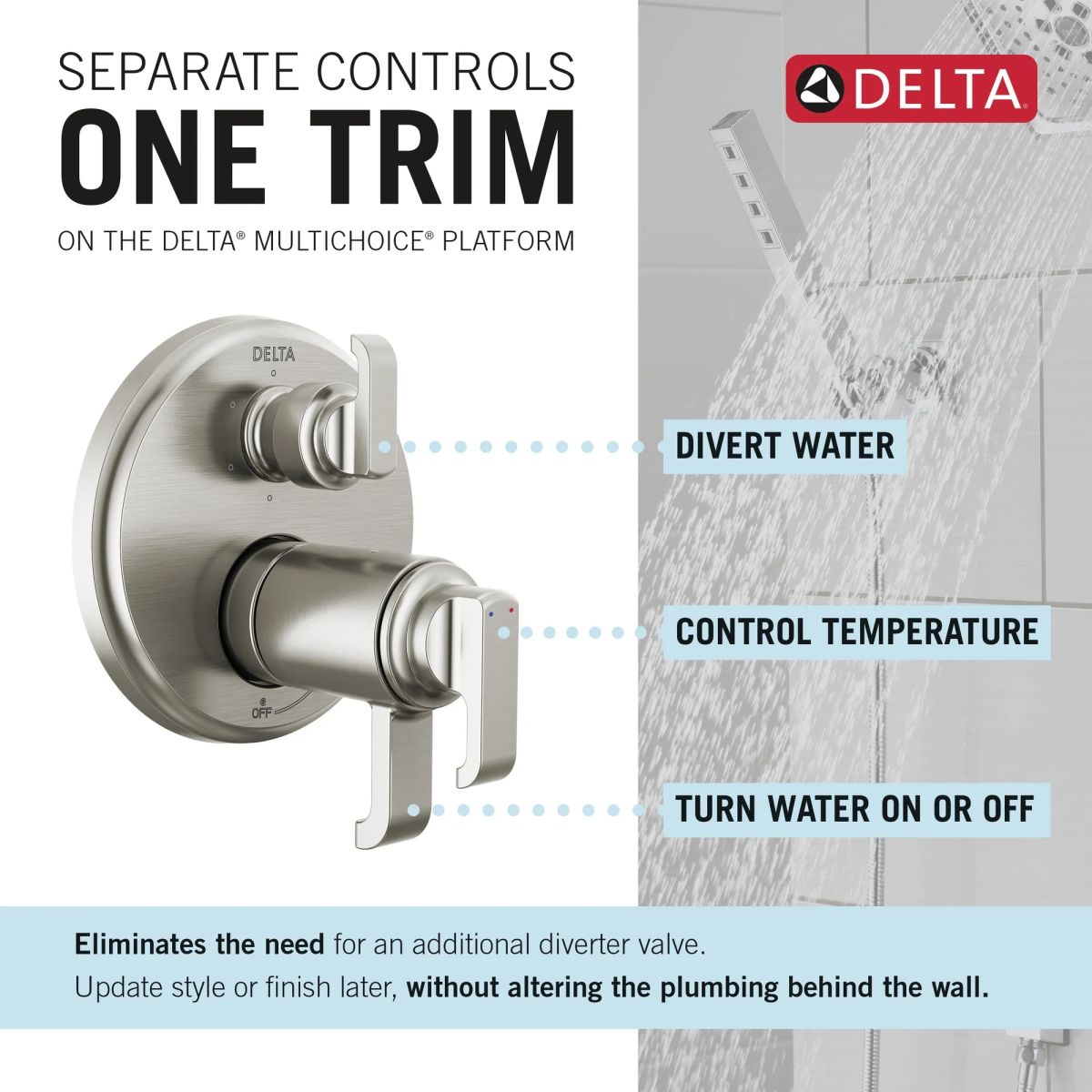 DELTA Tetra TempAssure 17T Series Integrated Diverter Trim with 6-Setting — Lumicoat® Stainless