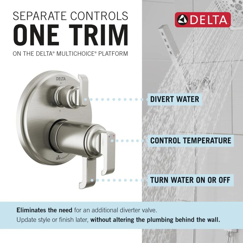 DELTA Tetra TempAssure 17T Series Integrated Diverter Trim with 6-Setting — Lumicoat® Stainless